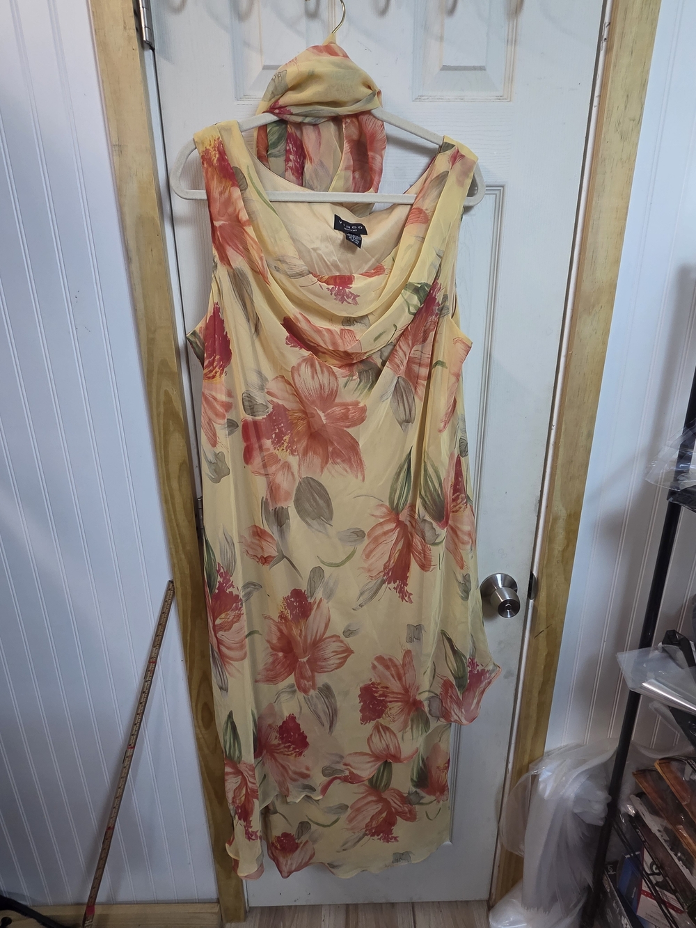 Virgo Yellow Layered Maxi Dress Floral Print draped cowl neckline matching Scarf